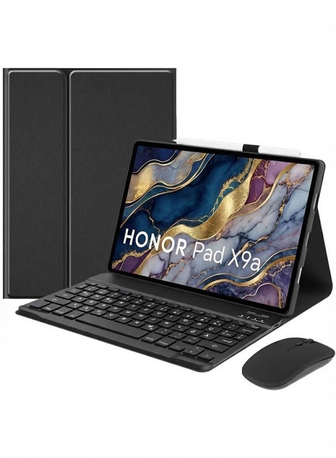 حافظة لوحة مفاتيح لجهاز Honor Pad X9a مقاس 11.5 بوصة (2025) مع ماوس - لوحة مفاتيح بلوتوث مغناطيسية قابلة للفصل ثنائية اللغة (عربي/إنجليزي)، وماوس لاسلكي قابل لإعادة الشحن - أسود - Image 1